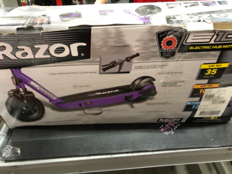 Photo 3 of Razor Black Label E100 Electric Scooter for Kids Age 8 and Up, 8" Pneumatic Front Tire, Power Core High-Torque Hub Motor, Up to 10 mph, All-Steel Frame