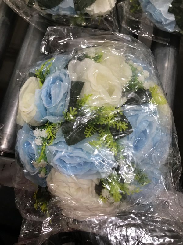 Photo 2 of 2 Fake Flower Ball Arrangement Bouquet,15 Heads Plastic Roses with Base, Suitable for Our Store's Wedding Centerpiece Flower Rack for Parties Valentine's Day Home Décor (Blue & White) 2 Pcs Blue & White