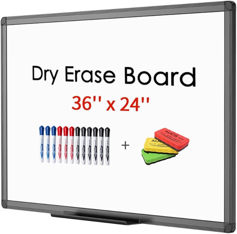 Photo 1 of VIZ-PRO Magnetic Dry Erase White Board 36 X 24 Inches, Black Aluminium Frame, with 3 Colored Erasers and 12-Count Markers