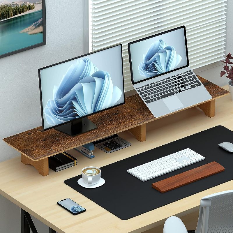 Photo 1 of Large Dual Monitor Stand Riser - Solid Wood Desk Shelf with Eco Cork Legs for Laptop Computer/TV/PC/Printers, Perfect Desktop Stands Organizer with Underneath Storage for Office Accessories,Vintage