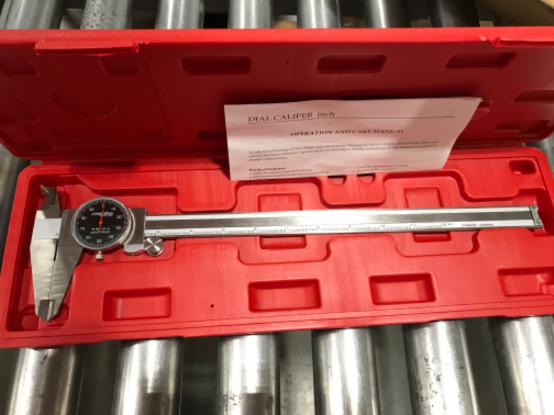 Photo 2 of Accusize Industrial Tools 0-12'' by 0.001'' Black Face, Red Needle, Dial Caliper Stainless Steel in Fitted Box, P920-B212 12 in.