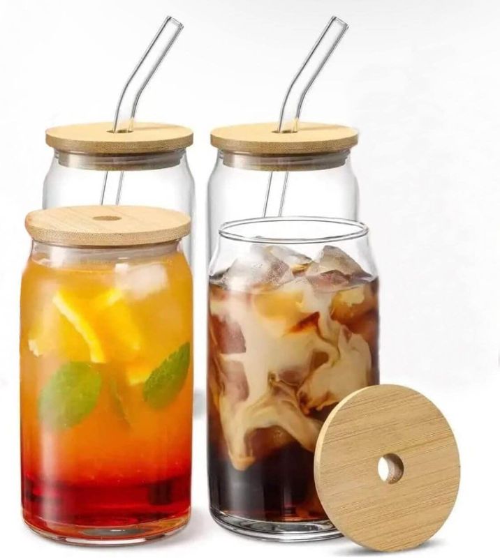 Photo 1 of 20 OZ Glass Cups with Bamboo Lids and Glass Straw - 4pcs Set Beer Can Shaped Drinking Glasses, Iced Coffee Glasses, Cute Tumbler Cup for Smoothie, Boba Tea, Whiskey, Water - 2 Cleaning Brushes. ITEM IS A SQUARE SHAPE NOT ROUNDED