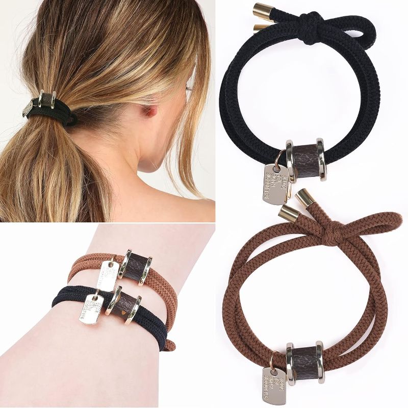 Photo 1 of 2023 New Elastic Bracelet Hair Ties, Looks Lovely On Your Wrist And Great in Your Hair, Suitable for All Hair Types, Hair Ties for Outdoor Sports, Yoga, Ball Games, Shopping Etc. 2 PCS (Black + brown)