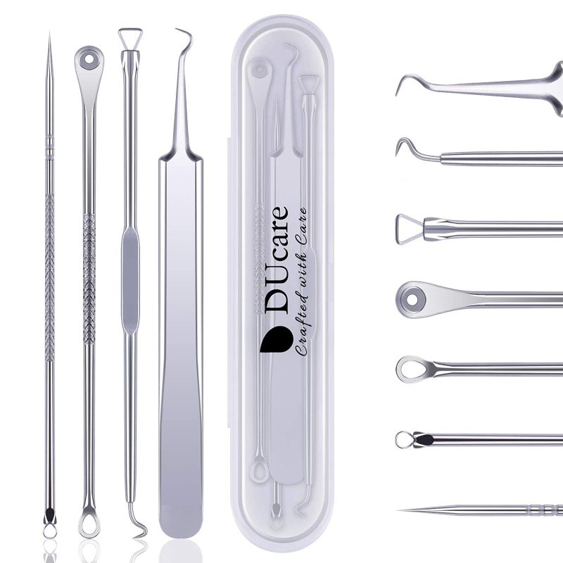 Photo 1 of 2 packs Blackhead Remover Tool DUcare 4Pcs Pimple Popper Tool Kit Extractor Tweezers Kit for Remove Acne Pimple Comedone Extractor, Pimple Popper for Facial Care with Case Silver