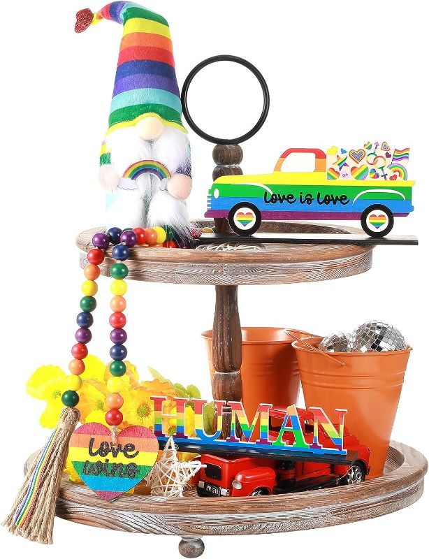 Photo 1 of 4 Pieces Tiered Tray Decor Set Gnomes Doll Wood Sign Decor Wooden Bead Garland for 4th of July Independence Day Graduation Valentine's Day St. Patrick's Day Easter Grad (Rainbow Style)
