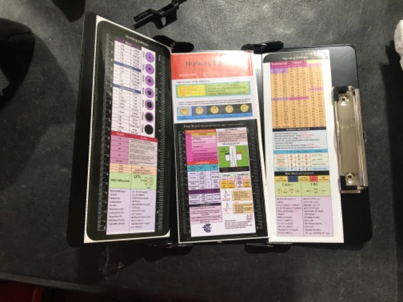 Photo 2 of Nursing Clipboard Foldable, 3 Layers Nurse Clipboard with Quick Access Medical References & Nursing Cheat Sheet Notepad for Students, Nurses and Doctors (Black)