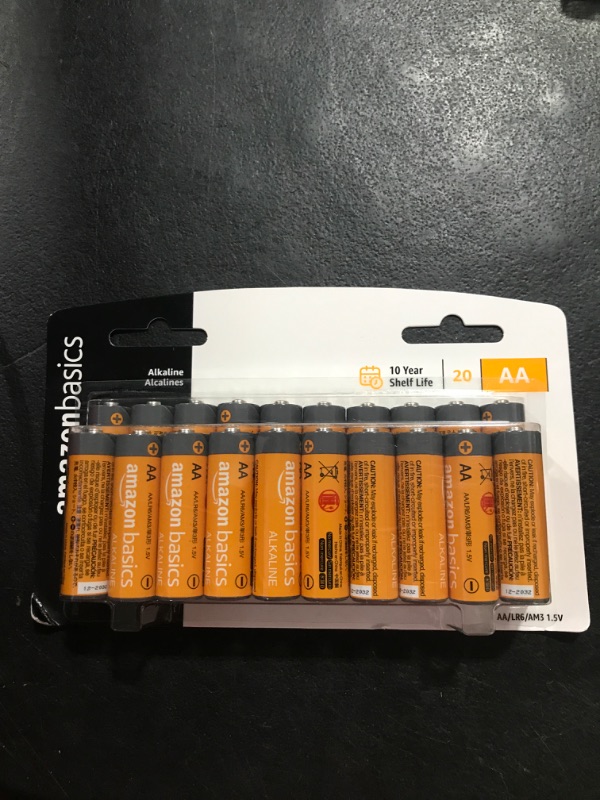 Photo 1 of Amazon Basics 20 Pack AA Alkaline Batteries - Blister Packaging 20 Count (Pack of 1)
