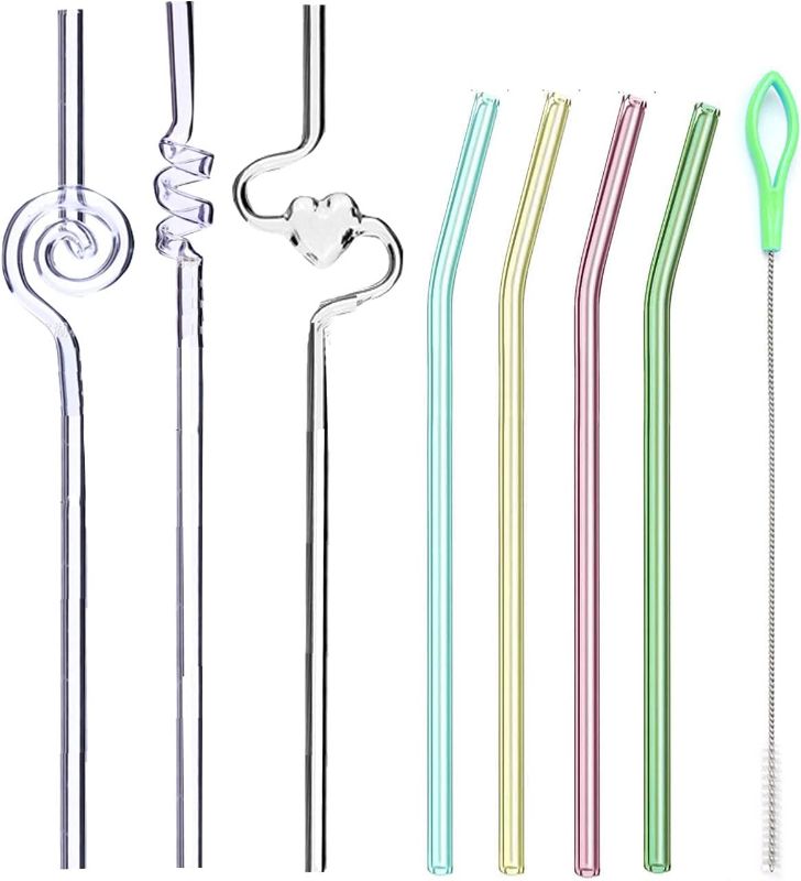 Photo 1 of Reusable Glass Straws, PHYMOOM 7-Pack Colored Clear Bent Drinking Straws with Cleaning Brushes,Unique Shape Reusable Straw For Smoothies, Tea, Juice, Water, Coffee 