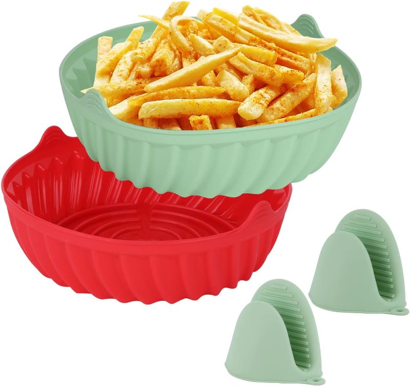 Photo 1 of 8.6 Inch Air Fryer Silicone Liners, 2-Pack Silicone Air Fryer Basket for Oven with 2 Heat-proof Gloves, Upgraded Air Fryer Liners Reusable for 5 QT or Bigger Pot, Keep Air Fryer Clean, No Smoke 