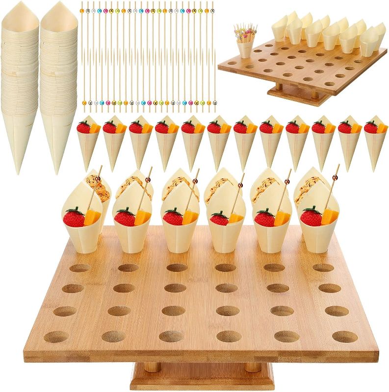 Photo 1 of 150pc Disposable Wooden Food Cones with 36 Holes Bamboo Ice Cream Cone Holder Food Cone Display Stand and 150 Colorful Bamboo Stick for Restaurant Catered Events Party or Buffets Ice Cream Food Trucks 
