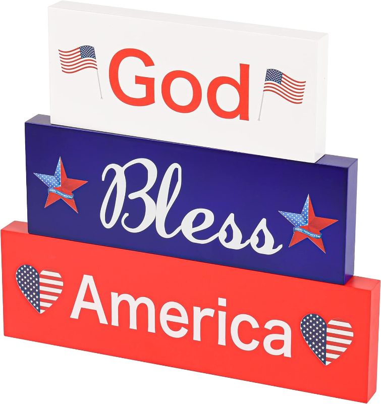 Photo 1 of 3Pcs God Bless America Wood Blocks,Patriotic American Wood Signs Decorative Mantel and Tabletop American Wood Sign Perfect for Veterans Day Farmhouse Wood Block Independence Day Table Decor. 