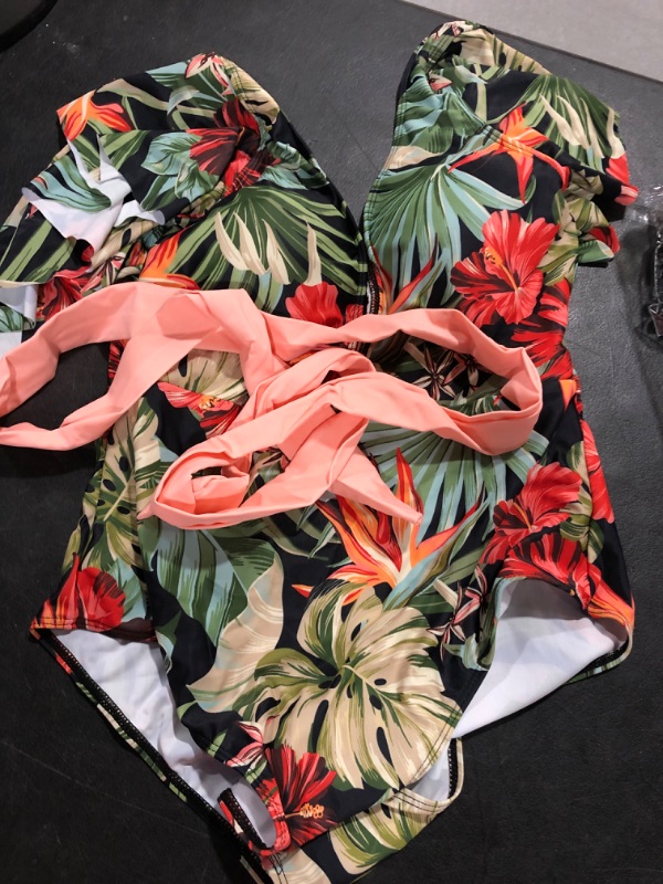 Photo 2 of Allover Floral Print Ruffle Belted One-Piece Swimsuit / Size Unknown 