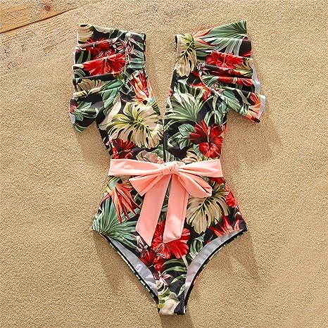 Photo 1 of Allover Floral Print Ruffle Belted One-Piece Swimsuit / Size Unknown 