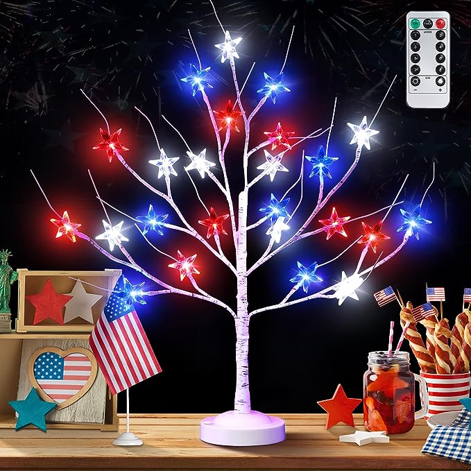 Photo 1 of 25'' 4th of July Decorations Birch Tree, 8 Modes Patriotic Tree Light with 24 Star LED Batteries Operated or USB Plug, Lighted Patriotic Independence Day Decor for Tabletop (red Blue White Light) 