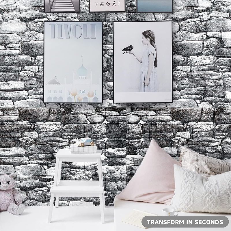 Photo 1 of 58 Sq.Ft 10Pack 3D Wall Panels Peel and Stick Foam Brick Wallpaper, Faux Stone Wall Panel Self-Adhesive Wallpaper, Black https://a.co/d/f2sPYMO