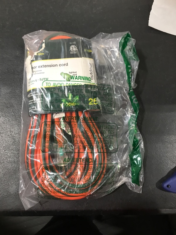 Photo 2 of 25 Ft. 16/3 Sjtw Outdoor Extension Cord - Orange With Lighted Green Ends
