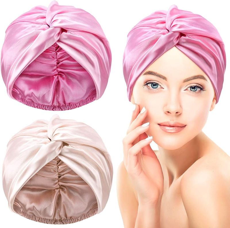 Photo 1 of 2 Pieces Silk Bonnet Silk Sleep Cap Silk Hair Wrap for Sleeping for Women Hair Care Silk Ponytail Holder (Champagne, Pink)
