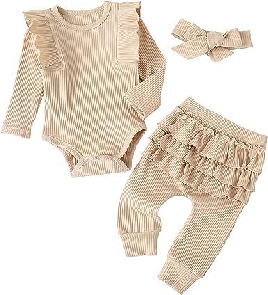 Photo 1 of Baby Girls Romper Bodysuit Headband Set Long Sleeve Ruffle Shoulder Jumpsuit for Infant Fall Winter Outfits 90CM