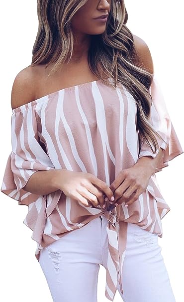 Photo 1 of Asvivid Womens Casual Boho Floral Print 3/4 Flare Sleeve Blouses Summer Off The Shoulder Tops Tie Knot Shirts m 