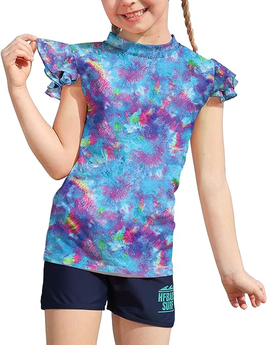 Photo 1 of BesserBay Girls UPF 50+ Ruffle Short Sleeve Rash Guard Shirt UV Swim Shirt SIZE M 