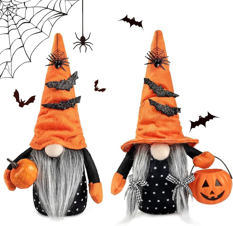 Photo 1 of  Halloween Gnomes Plush Decor, 2 Pack Handmade Tomte Swedish Gnome Nisse Scandinavian Gnomes Ornaments with Orange Witch Hat Pumpkin Lantern Halloween Table Decorations Gifts