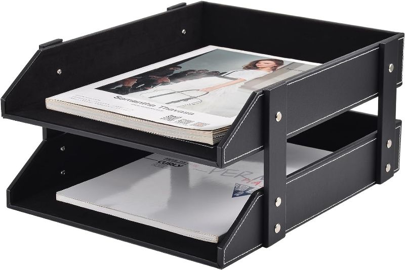 Photo 1 of Leather Desk File Supply Organizer,Stackable Office File Document Tray for Files, Folder, Stationery, Magazine, Newspaper, Mail, Home Sundries Desktop Organization Holder(Black)