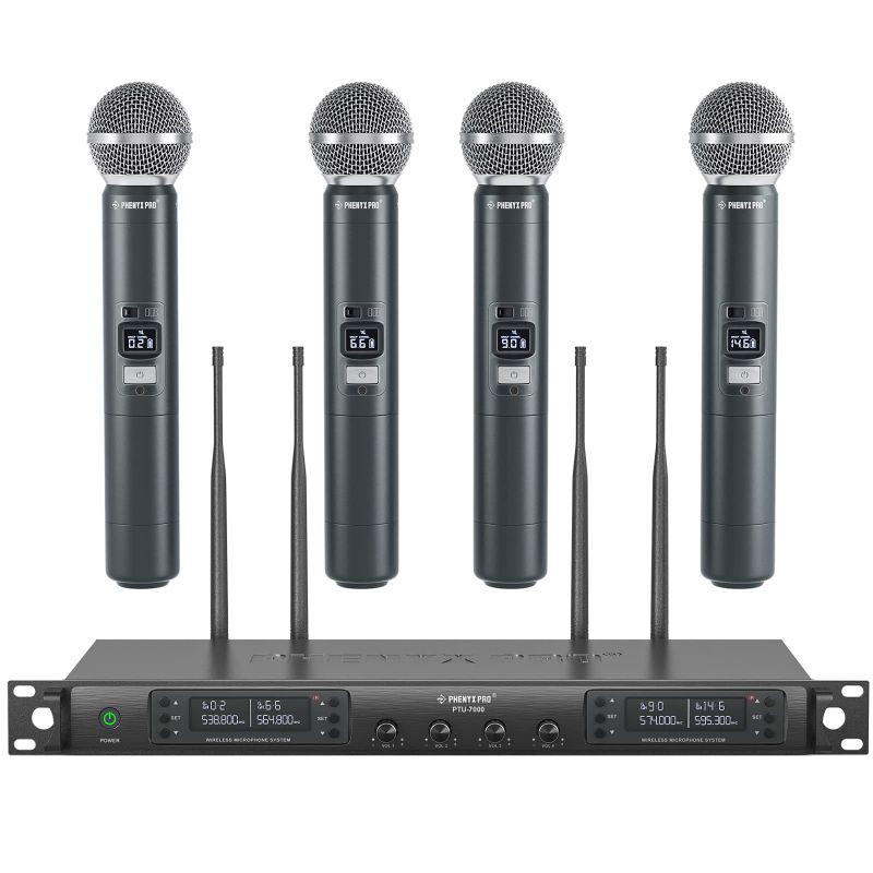 Photo 1 of Phenyx Pro Wireless Microphone System, Quad Channel Wireless Mic, w/ 4 Handheld Dynamic Microphones, 4x40 Channels, Auto Scan, Long Distance 328ft, Microphone for Singing, Church, Karaoke (PTU-7000A)