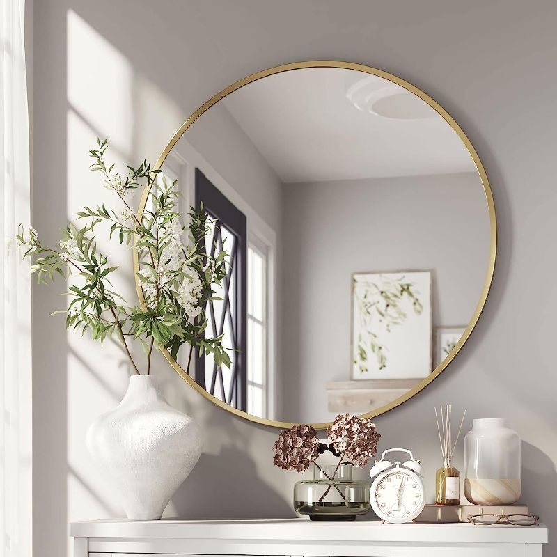 Photo 2 of Barnyard Designs 30 inch Gold Round Mirror, Bathroom Vanity Wall Mirrors, Circle Mirror for Desk, Metal Framed Bedroom Mirror
