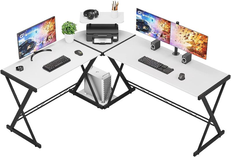 Photo 1 of GreenForest L Shaped Computer Desk Large Size Reversible Corner Computer Desk 64 inch with Large Monitor Stand and CPU Stand, Home Office Study Writing Desk Workstation, Space Saving, White