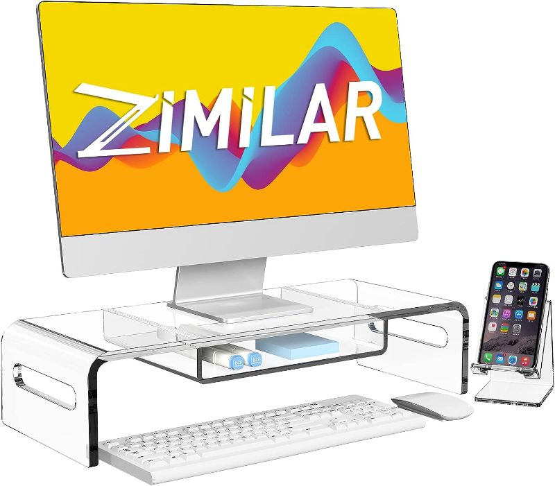 Photo 1 of Zimilar 20 inch Large Monitor Stand Riser with Phone Stand, Crystal Acrylic Monitor Stand with Keyboard Storage, Premium Clear Computer Stand Riser, Clear Acrylic Laptop Stand with Storage Drawer