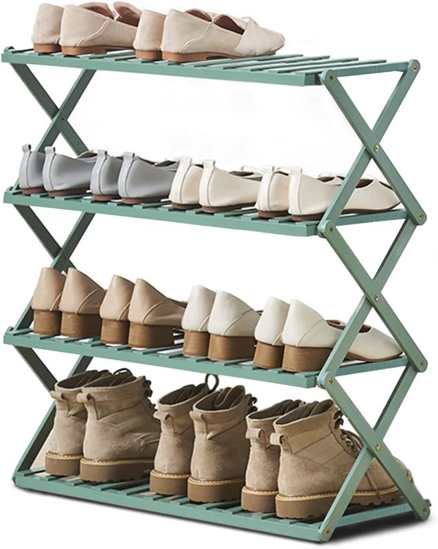 Photo 1 of  Collapsible Bamboo Shoe Rack - Medium 4-Tier Multifunctional Free Standing Shoe Shelf Storage Organizer Without Assembly, Entryway Green