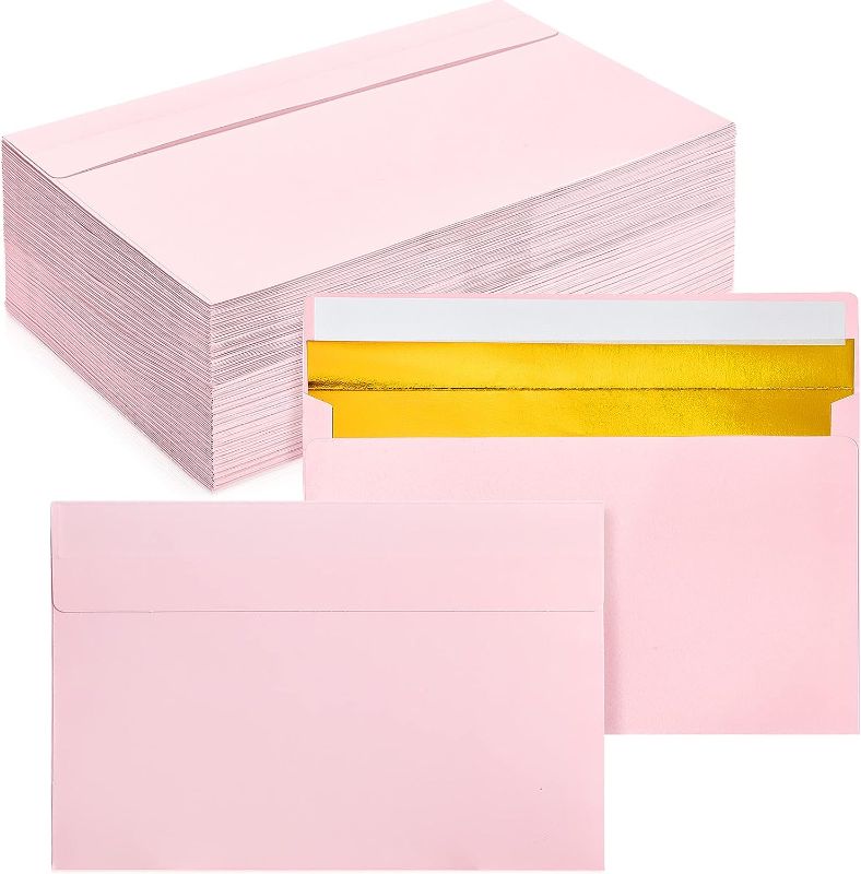 Photo 1 of Teling 150 Pcs A7 Envelopes 5 x 7 Foil Lined Invitation Envelope 150 GSM Heavyweight Foil Square Envelopes Peel Stick Seal for Wedding Invitations Birthday Graduation (Light Pink, Gold Foil)