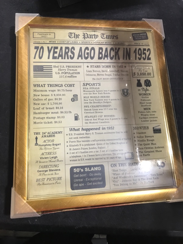 Photo 1 of 70th Birthday Decorations Framed for Women or Men, Classy Vintage Table Decor, Birthday Card Poster for Him or Her Turning 70 Years Old, Back in 1952 Print (Gold Frame) 70th Birthday Decorations (Framed)