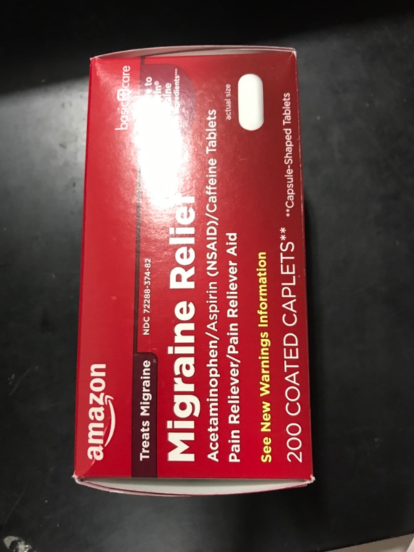 Photo 2 of Amazon Basic Care Migraine Relief, Acetaminophen, Aspirin (NSAID) and Caffeine Tablets, Migraine Headache Relief, Pain Reliever/Pain Reliever Aid, 200 Count SINGLE EXP. 12/2023