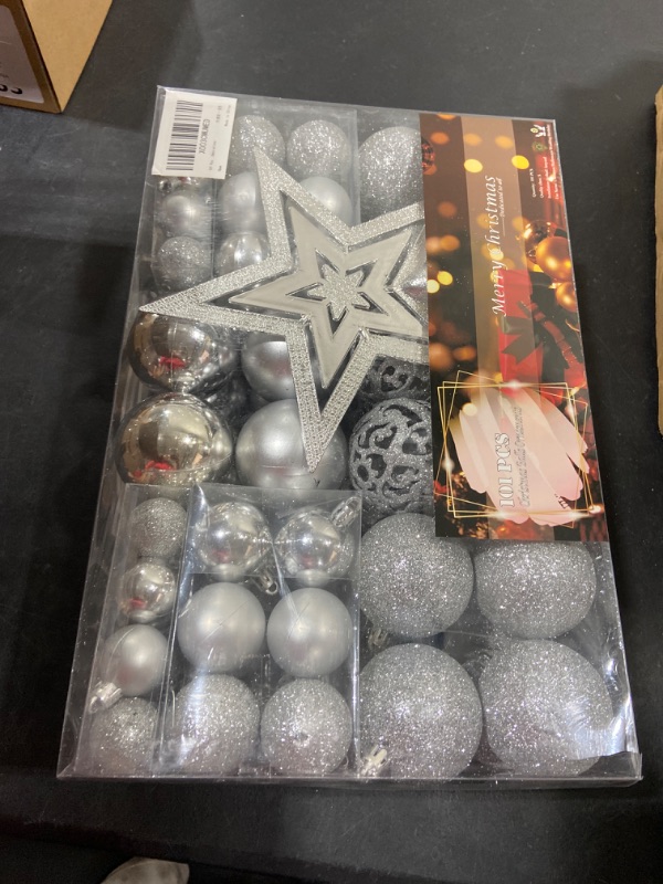 Photo 2 of 101 Piece Christmas Balls Ornaments Luxury Set Xmas Tree Topper and Hang Rope, Emopeak Christmas Baubles - Shatterproof Mini Holiday Balls for Christmas Decorations 1.2"-1.57"-2.36" Silver