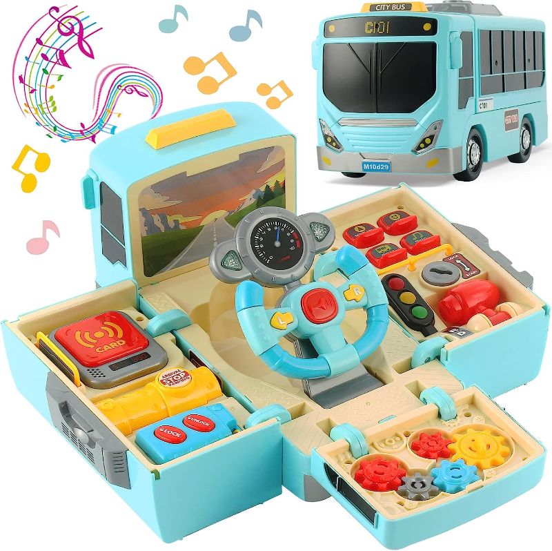 Photo 2 of 
HONGTUO Bus Toy with Sound and Light, Simulation Steering Wheel Gear Toy, Toddlers Bus Toys with Music Education Knowledge Simulation Driving Bus Toys