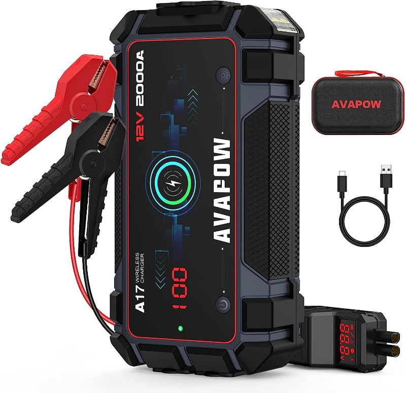 Photo 1 of 
AVAPOW Car Jump Starter 2000A Peak Jump Boxes for Vehicles(12V 8L Gas/6.5L Diesel Engine) Equipped Fast Wireless Charging Jump Starter Battery Pack