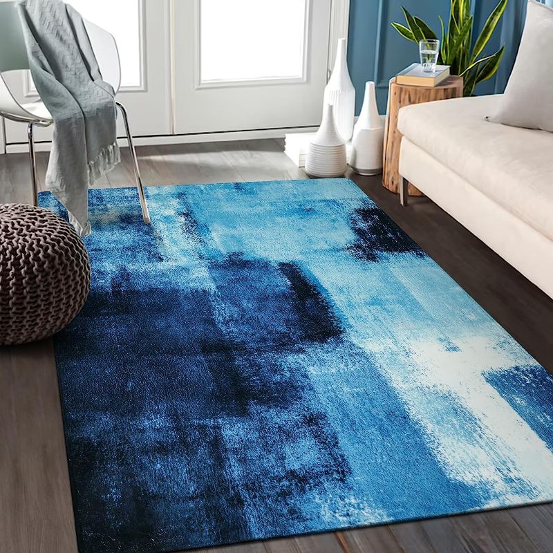 Photo 1 of Lahome Modern Washable Living Room Rug - 3x5 Area Rugs for Bedroom Throw Non-Slip Thin Kitchen Rug Blue Abstract Print Office Rug Lightweight Soft Indoor Capet for Entryway Laundry Room Dining Room