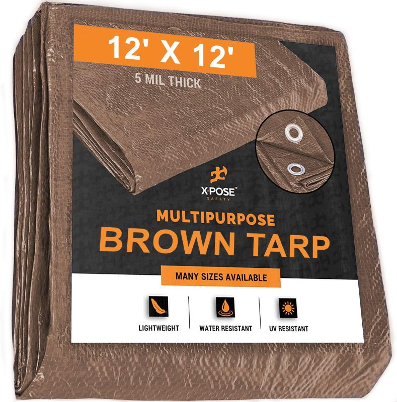 Photo 1 of 
Multipurpose Protective Cover Brown Poly Tarp 12' x 12' - Durable, Water Resistant, Weather Resistant - 5 Mil Thick Polyethylene - by Xpose Safety