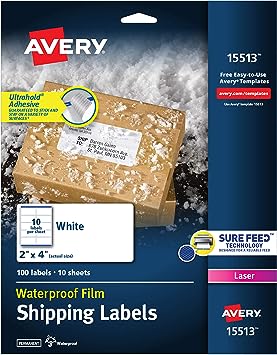 Photo 1 of Avery Waterproof Shipping Labels with Sure Feed & TrueBlock 2" x 4", 100 White Laser Labels PACK OF 2