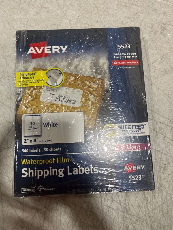 Photo 2 of Avery Waterproof Shipping Labels with Sure Feed & TrueBlock 2" x 4", 100 White Laser Labels PACK OF 2