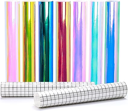 Photo 1 of Permanent Adhesive Vinyl Backed Sheets, Holographic Craft Vinyl 7 Assorted Colors with 2 Transfer Supplies, Use for DIY Signs Decor 12"x12" (7 Rainbow Vinyl)