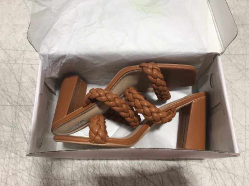 Photo 2 of Braided Heeled Sandals for Women - Square Toe Chunky Block Heels Womens Strappy Sandals Slip on Mules Slide Shoes 9 Brown