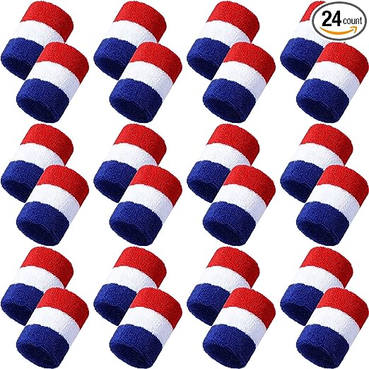 Photo 1 of 24 Pcs American Flag Sweatbands Red White Blue Sweatbands Bulk Patriotic Sweat Wristbands 4th of July Striped Wristbands for Men Women Independence Day US Flag Accessories 