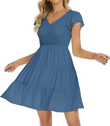 Photo 1 of Funlingo Women's 2023 Summer Casual Flutter Short Sleeve Smocked Dresses V Neck Ruffle Tiered Mini Dress SIZE S