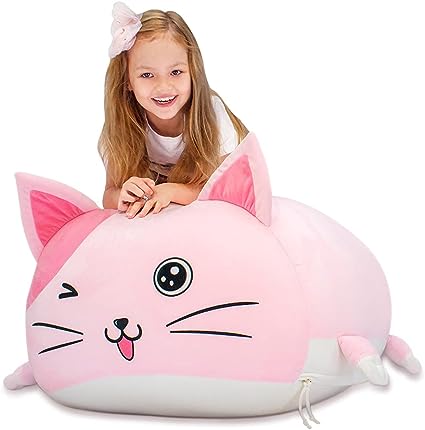 Photo 1 of Anzitinlan Cute Cat Bean Bag Chair for Kids, Pink Stuffed Animal Storage Beanbag Chairs for Girls Room Decor, Extra Large Size, Velvet Super Soft Cover Only