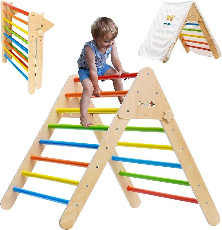 Photo 1 of Climbing Triangle with Tent - Wooden Climbing Toys for Toddlers & Baby - X-Large Foldable Colorful Climber Indoor Gym for Kids - 100% Safe - CPSIA Lab Certified - Driddle
