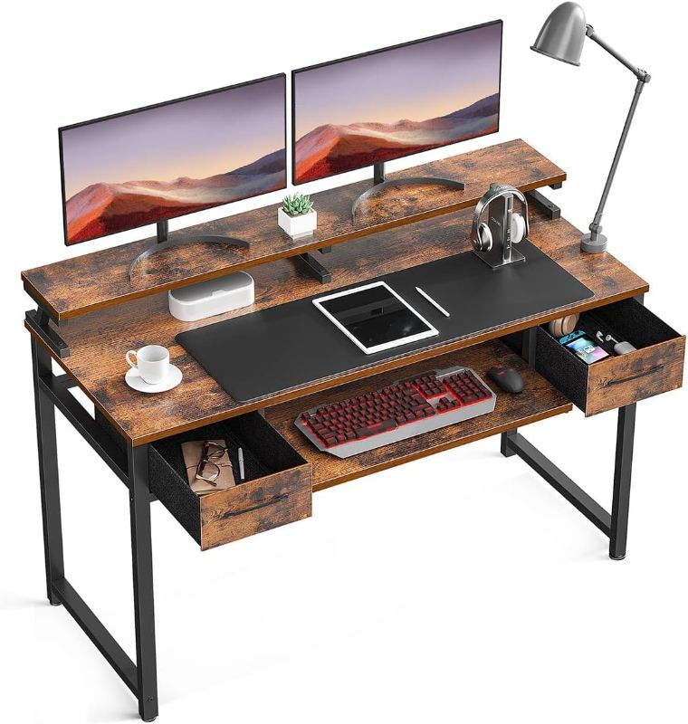 Photo 1 of ODK Computer Desk with Keyboard Tray and Drawers, 47 inch Office Desk with Storage, Writing Desk with Monitor Shelf, Work Desk Workstation for Home Office/Bedroom, Rustic Brown (STOCK PHOTO FOR REFERENCE ONLY) 
