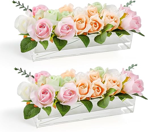 Photo 1 of 2PCS Clear Acrylic Flower Vase Rectangular Floral Centerpiece for Dining Table 12 Inches Long Rectangular Vase, Modern Versatile Low Floral Vase for Party Home Wedding Decor-12 Holes