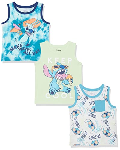 Photo 1 of Amazon Essentials Disney | Marvel | Star Wars Boys' Sleeveless Tank Top T-Shirts (Previously Spotted Zebra), Pack of 3, Stitch Beach, Medium
